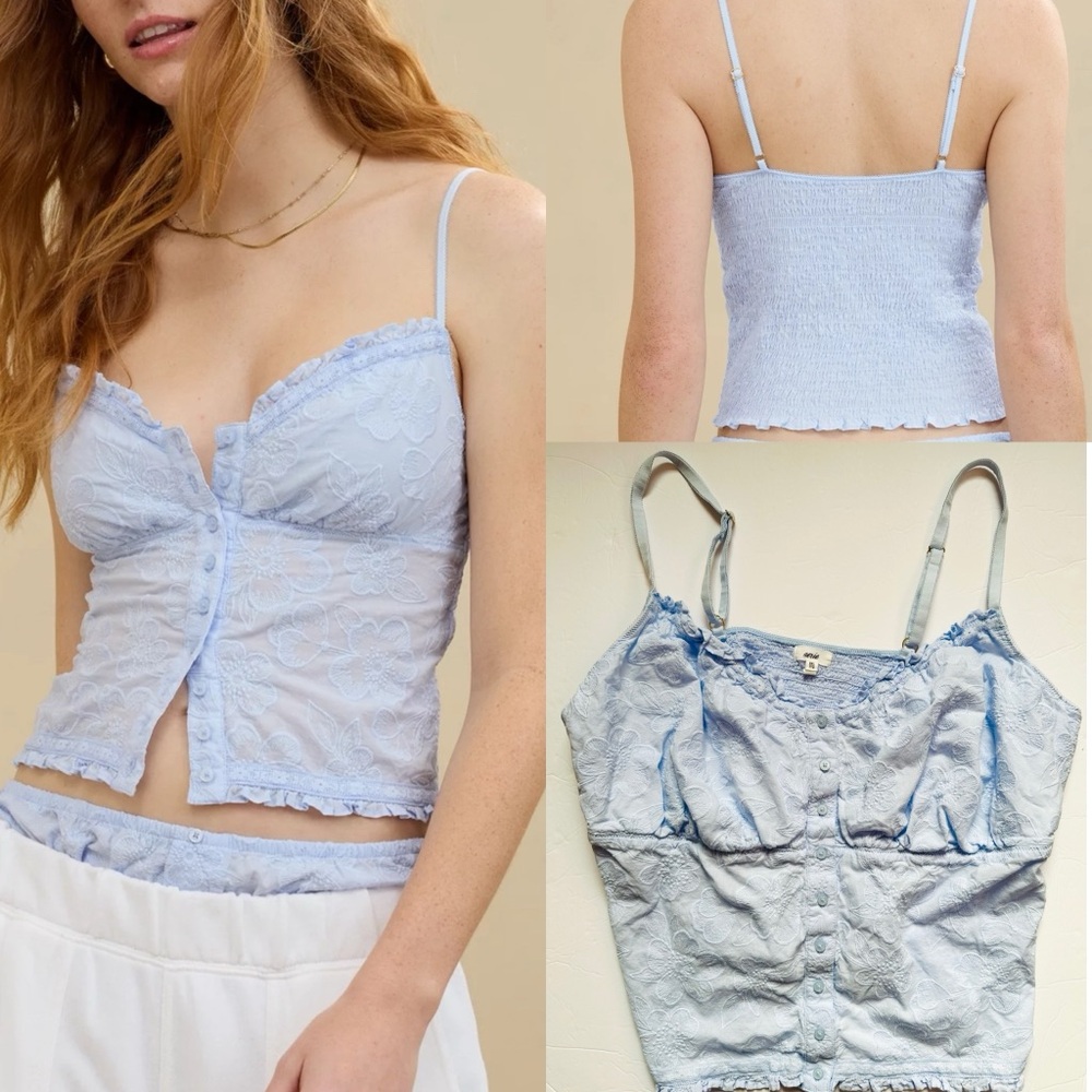 Aerie ‎ Embroidered Lace Button-Up Top Women’s Sz XXL Light Blue Cotton